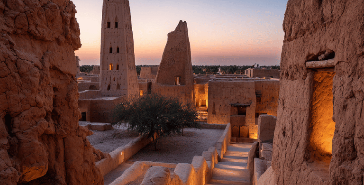 Illuminated ruins of At-Turaif district in Diriyah Gate at night.