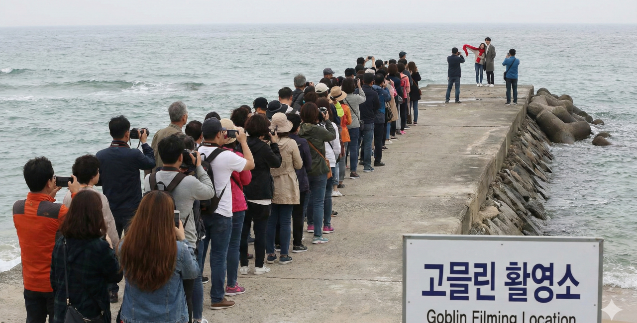 The Jumunjin breakwater with a queue of tourists