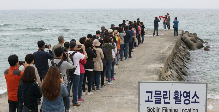 The Jumunjin breakwater with a queue of tourists